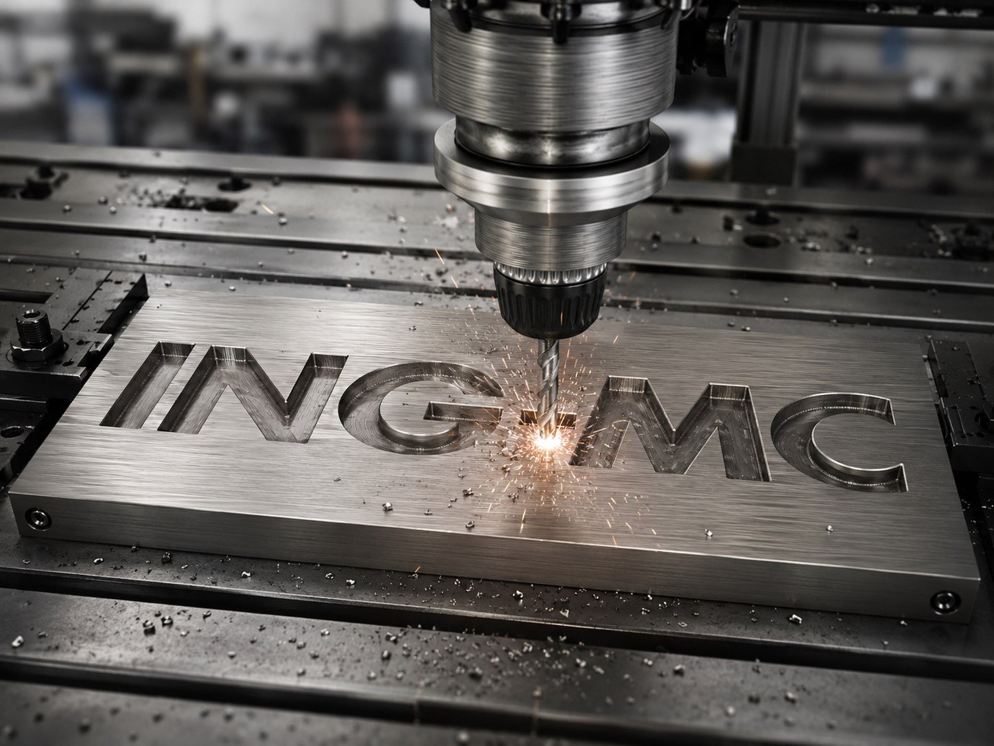 Proceso de mecanizado CNC con marca ING-MC en placa metalica